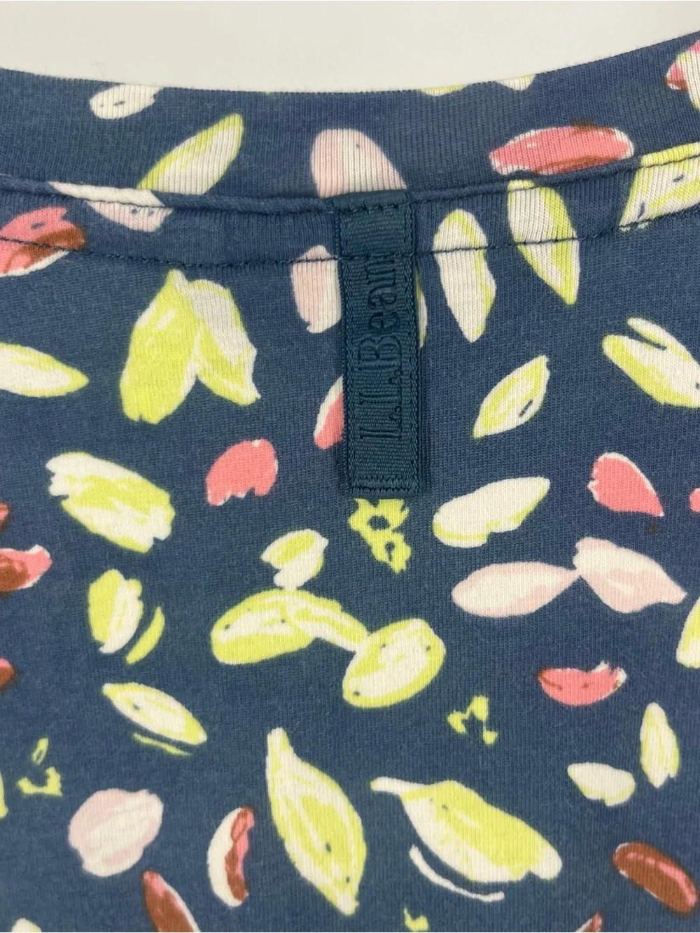 L.L. Bean Navy V-Neck Cap-Sleeve Top with Pink and Lime Leaf Print